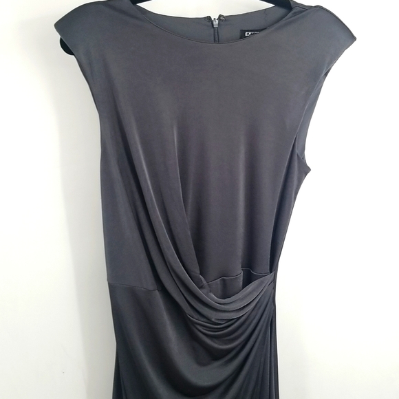 Express Gunmetal Gray Shoulder Pads Sleeveless Satiny Faux Wrap Rusched Dress - Picture 11 of 11
